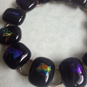 Glass Bracelet with Blue Cabochons Dichroic Accents on a Silvertone Link Base